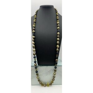 Vintage Monet Hand Knotted Matte Gold Tone Green Glass Bead Necklace Blue Accent